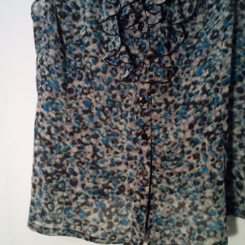 Tahari Blouse Women PS Petite S Sleeveless Sheer Ruffle Button Up Print - Picture 6 of 13
